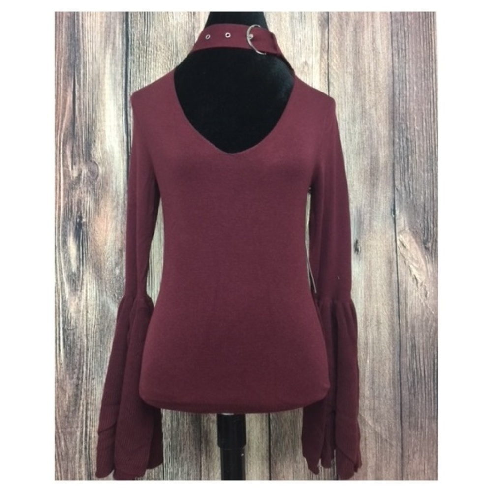 Buckled Choker Scoop Neck Bell Sleeve Knit Top S - Picture 2 of 7